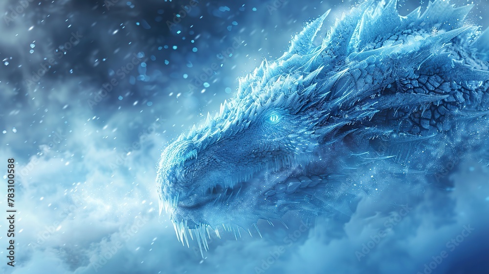 Obraz premium An intense close-up of a frost dragon's face, icy scales glistening, embodying the essence of winter fantasy, an ideal subject for book covers and mystical themes