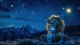 A plush lion and sheep against a backdrop of the majestic night sky, invoking tales of friendship and adventure, ideal for children's storybooks and educational materials