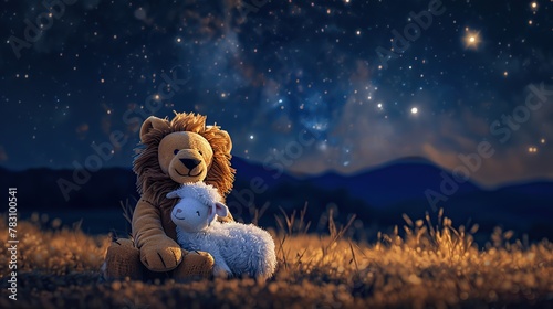 A plush lion and a fluffy sheep toy under a starry night sky, a heartwarming image capturing the magic of childhood imagination, perfect for children's literature and night-time themes