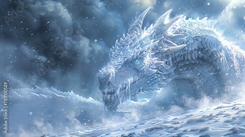 A majestic frost dragon in a snowy landscape, with icy breath crystallizing the air, a powerful creature of myth in a fantasy setting, perfect for game art and thematic storytelling