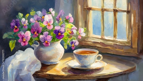 still life with flowers and cup of tea