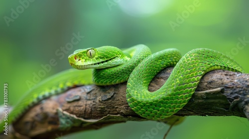 Green Snake Coiled on Tree Branch in Forest