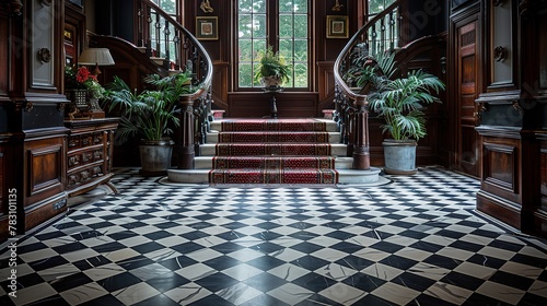An opulent wooden staircase in a richly paneled Victorian foyer with a classic black and white floor, exuding luxury and grandeur, perfect for architectural features or interior design articles photo