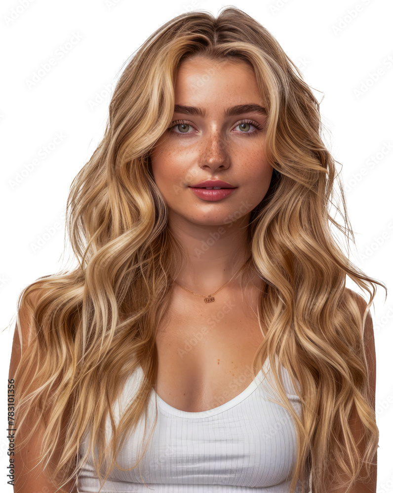Young woman with curly blonde hair cut out png on transparent background Young woman with curly blonde hair cut out png on transparent background