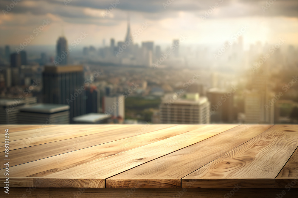 Serene urban view with a wooden foreground and blurred cityscape background, perfect for mockups