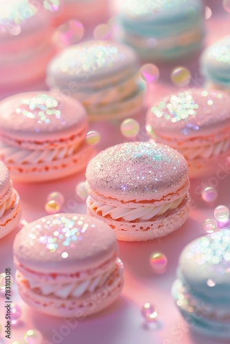 Colorful Glitter Macarons on a Shimmering Background