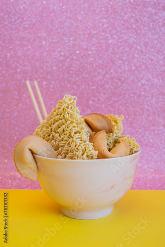 A bowl with dried noodles, fortune cookies and chopsticks