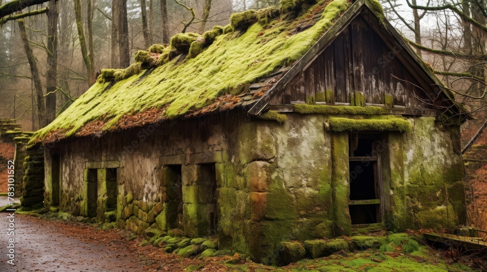 Ancient dwelling featuring lush moss roof Ancient dwelling featuring lush moss roof