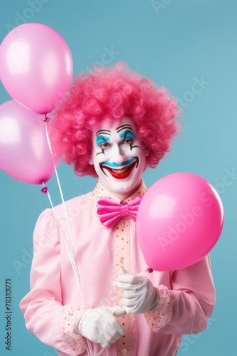 Joyful Clown Holding Colorful Balloons on Blue Background
