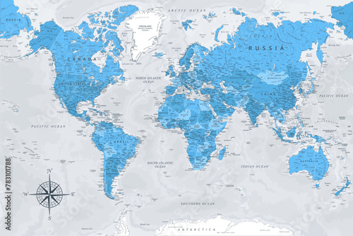 World Map - Highly Detailed Vector Map of the World. Ideally for the Print Posters. Ice Blue Grey Spot Retro Style.