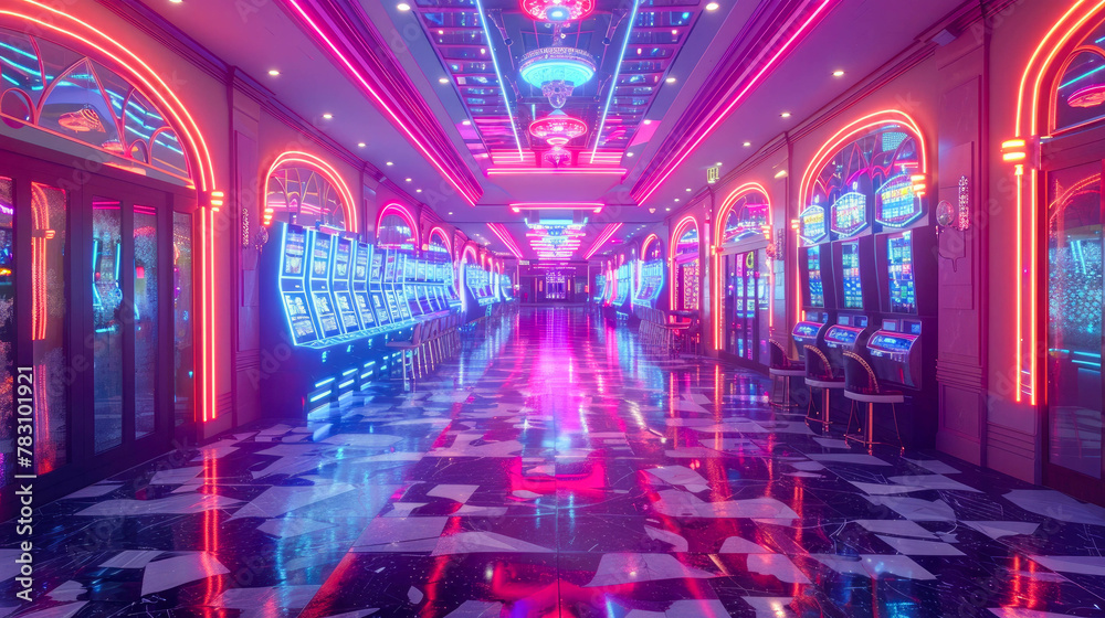 The interior of the hotel and casino retro arcade game room with slot machine and neon lights