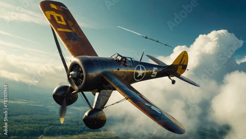 A vintage fighter plane with distinct markings soars in the sky, its propeller in motion against a backdrop of clouds and blue skies