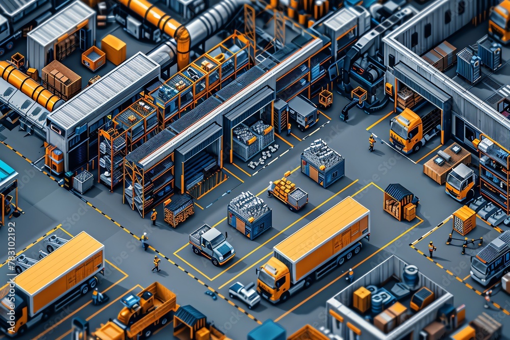 Illustrate a top-down pixel art scene of a busy distribution center, highlighting the efficiency and optimization brought by predictive analytics in logistics Illustrate a top-down pixel art scene of a busy distribution center, highlighting the efficiency and optimization brought by predictive analytics in logistics