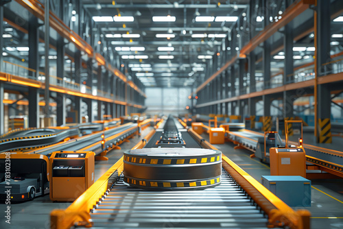 Visualize a dynamic 3D rendering of a bustling warehouse with conveyor belts and autonomous vehicles, showcasing predictive analytics at work in logistics