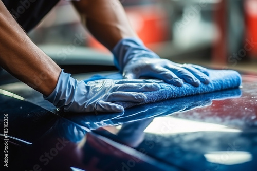 Male hands in rubber gloves of a car wash worker polishing a car with sponge. © Inna