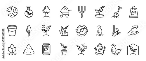 Plant line icons. Tree growing. Seedling growth. Leaves and flower. Green environment. Soil for seeds cultivating. Thin hand strokes. Watering can. Garden care. Grass life. Vector tidy symbols set