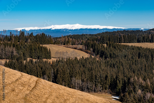 rural landscape with snowy mountains