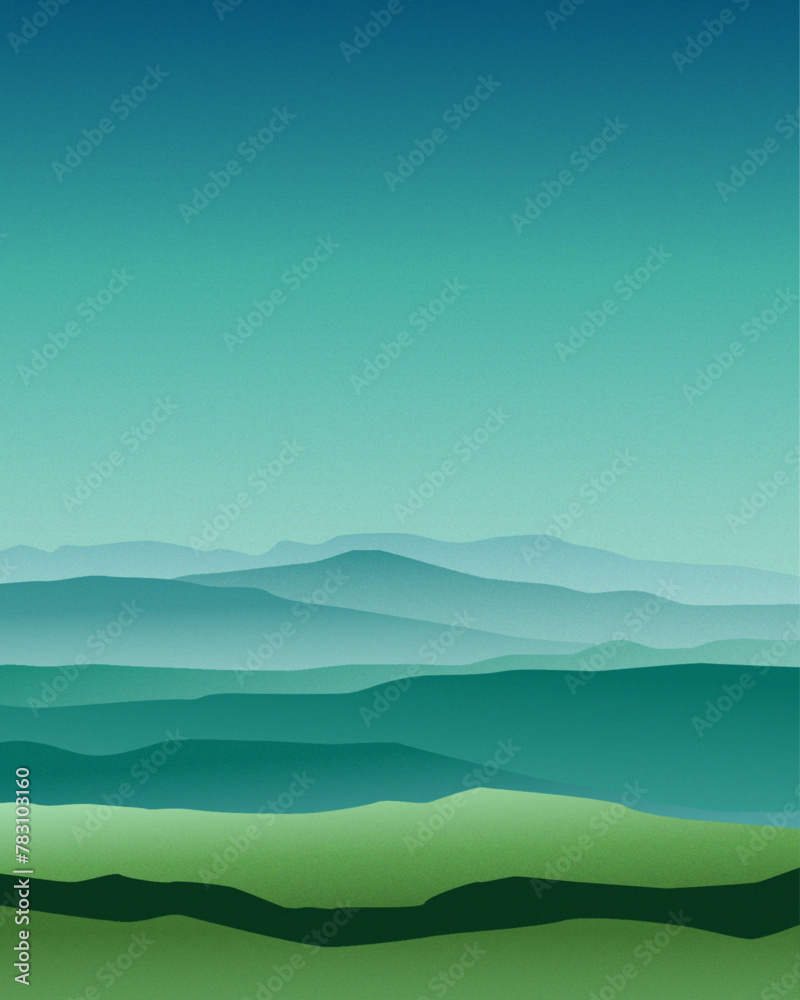 abstract simple mountain blue and green landscape with grain gradient effect. vector art mountains
