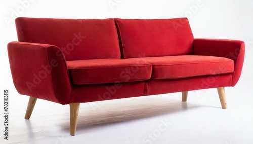 A staple food in the world of comfort, a red couch with wooden legs on a white background © Priyanka