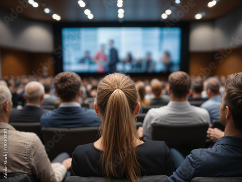 Back shot of a group of people seated on chairs in a conference room in front of a screen. Concept for business training