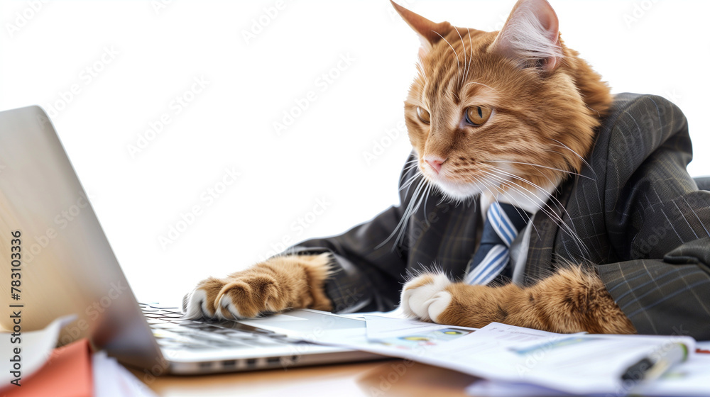 A cat in a businessman suit sitting at an office desk, examining documents and working on a laptop A cat in a businessman suit sitting at an office desk, examining documents and working on a laptop