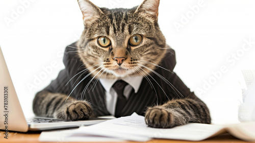 A cat in a businessman suit sitting at an office desk, examining documents and working on a laptop