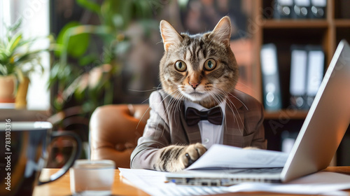 A cat in a businessman suit sitting at an office desk, examining documents and working on a laptop