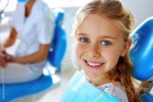 A young girl smiles while sitting in the blue dental chair  with her dentist behind her.
