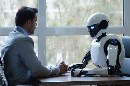 A robot is doing a job interview with a human.
