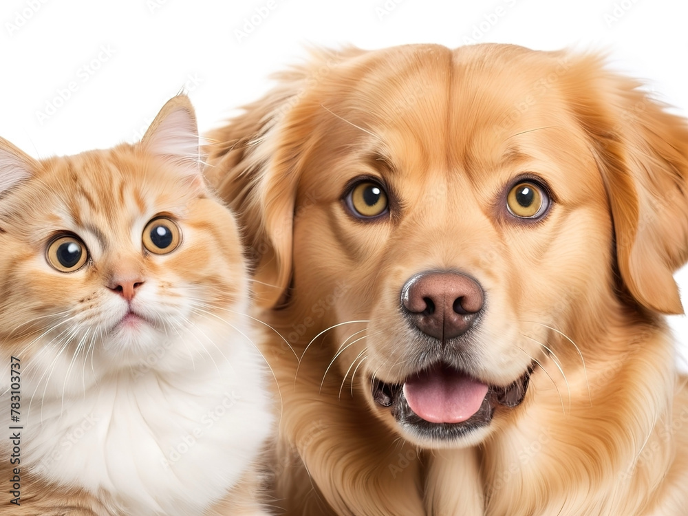 Portrait of golden retriever dog and cat isolated on white background