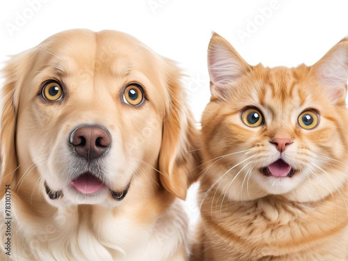 Portrait of a cat and dog looking at camera isolated on white background