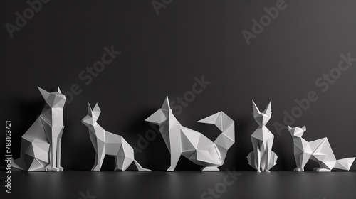 Fototapeta Naklejka Na Ścianę i Meble -  Black and white origami animals assortment on dark background