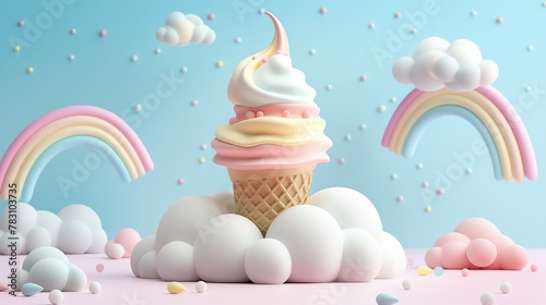 ice cream cone with cream. pastel rainbow cute color. rainbow and cloud