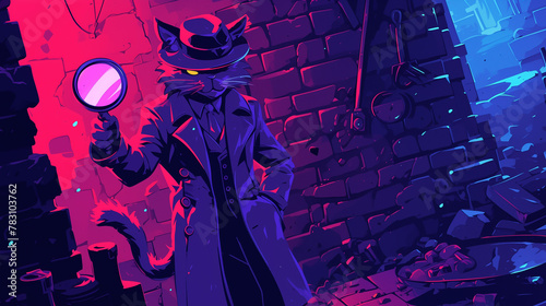 A cat-detective in a fedora and trench coat standing in a dark alley, holding a magnifying glass photo