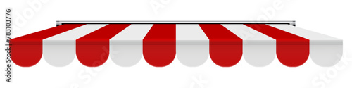 Shop awning tent. Cafe sunshade, store canopy, striped roof with red and white stripes. 3D realistic vector illustration isolated on white.