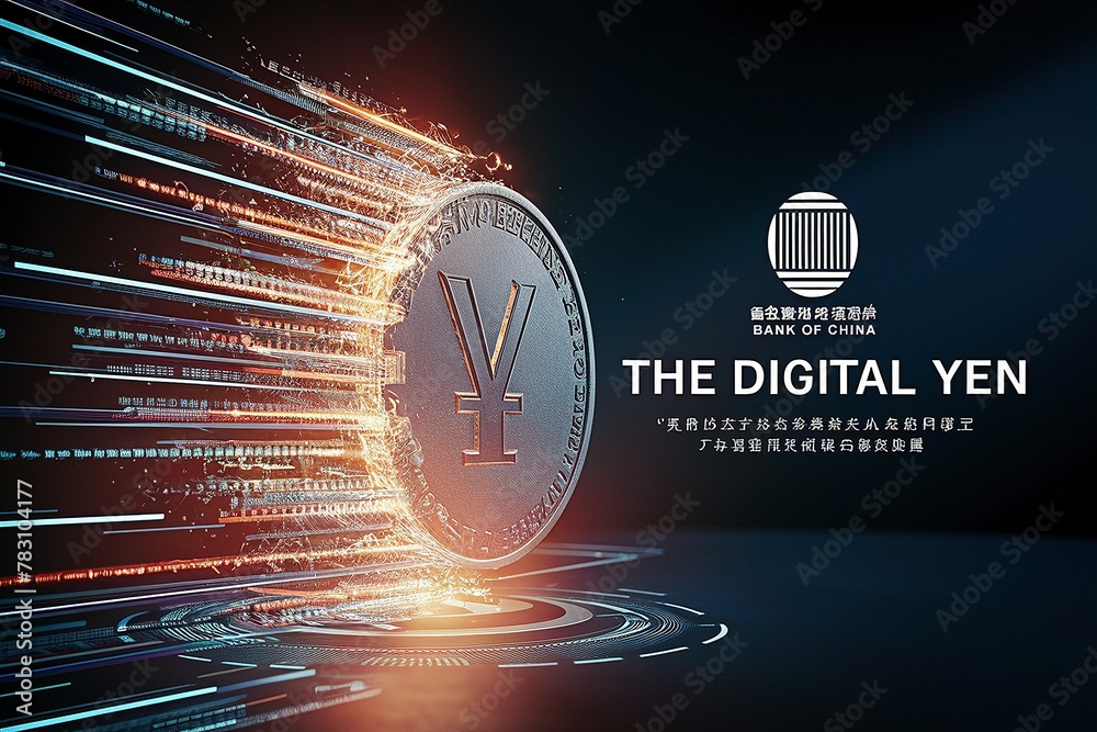 A concept for the Digital Yen coin by the Bank of China, featuring a coin superimposed with glowing circuitry, symbolizing the fusion of traditional currency and digital innovation. - obrazy, fototapety, plakaty 