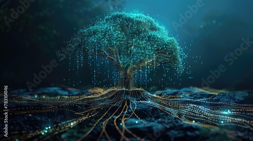 AI Ethics and Governance. Binary code leaves digital tree, roots blend with AI ethics, law photo