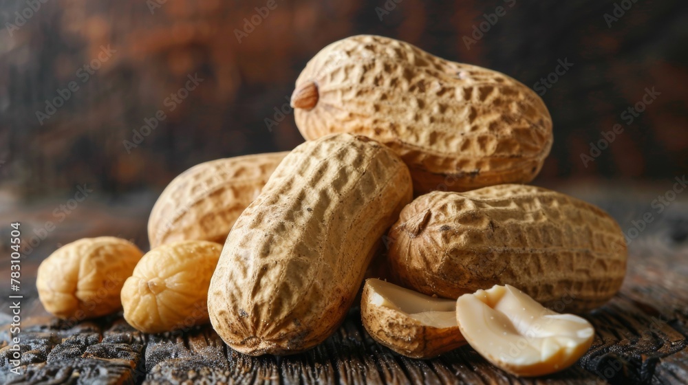 A pile of peanuts on a wooden table with one half eaten, AI A pile of peanuts on a wooden table with one half eaten, AI