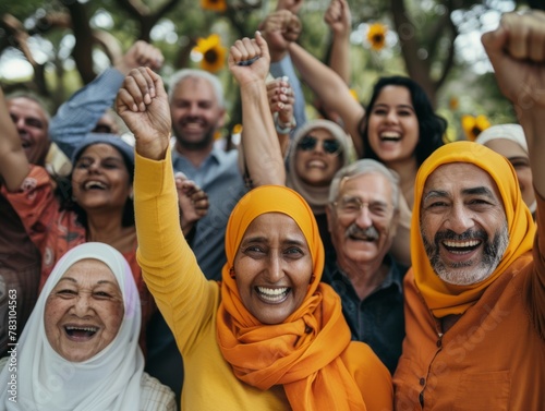 Diverse Group Celebrating Together, Joyful Gathering with Cultural Diversity, Vibrant Colors, Expressions of Happiness and Unity