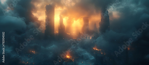 Blurry Cybernetic Warzone with Factions Clashing Amid Gunfire and Explosions Forms Obscured by Smoke and Debris in Documentary Style Blue Sci Fi Tone photo