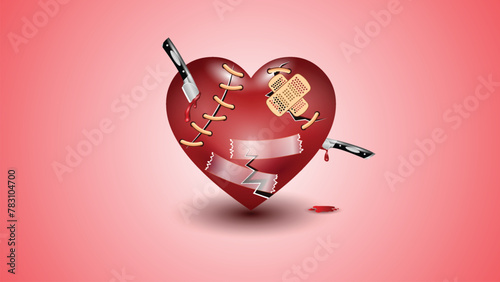Broken red hearts with plaster, Injury healing heart, wound, patches, stitches, bandages and a knife stabbed in the heart on red background. 