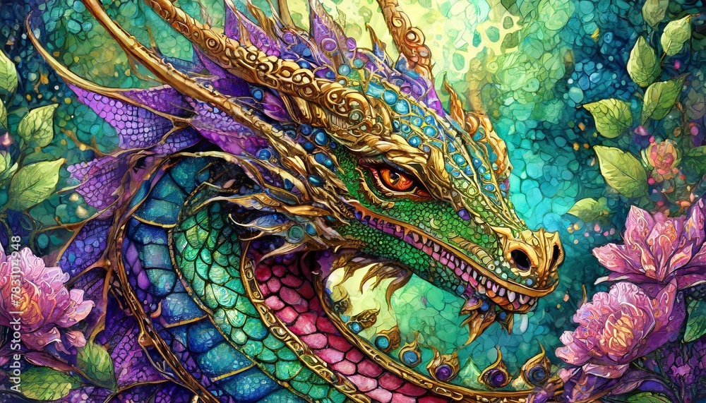 Obraz premium Magic dragon head close up. Art card