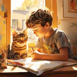 A young artist immersed in the act of sketching on a vibrant sketchpad, entranced by their own creation, with a curious tabby cat perched beside them