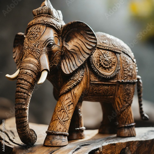 a wooden handcrafted elephant sculpture, capturing the majestic beauty and intricate details of this magnificent creature. The artisanal craftsmanship shines through in the lifelike features and grace