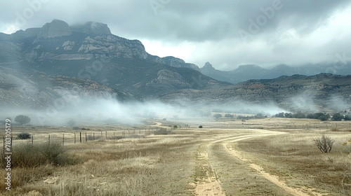 A foggy mountain range is in the background of a desolate, dry, and dusty road. The sky is overcast, and the fog is thick, creating a sense of mystery and solitude