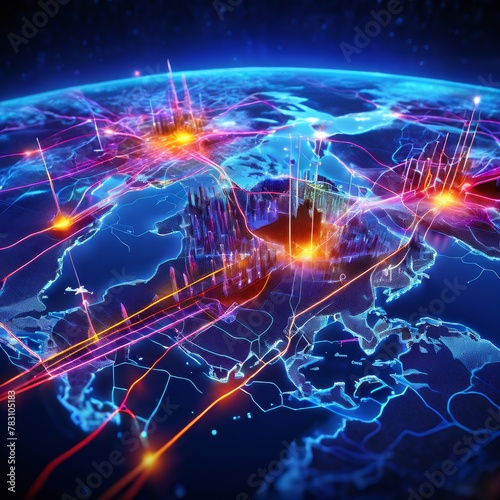 World map enhanced with glowing digital nodes and vibrant lines symbolizing internet connectivity and global network