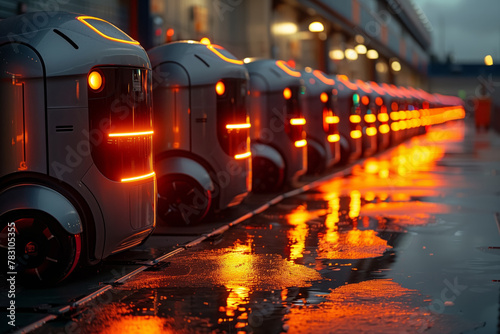 Electric autonomous trucks prepared for night dispatch
