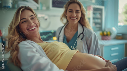 a woman lying on a table with her stomach up while the doctor caresses it and gently moves its muscles  showing playful energy as she wears casual in a bright medical office environment