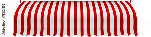 Shop awning tent. Cafe sunshade, store canopy, striped roof with red and white stripes. 3D realistic vector illustration isolated on white.