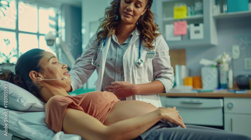 a woman lying on a table with her stomach up while the doctor caresses it and gently moves its muscles, showing playful energy as she wears casual in a bright medical office environment photo